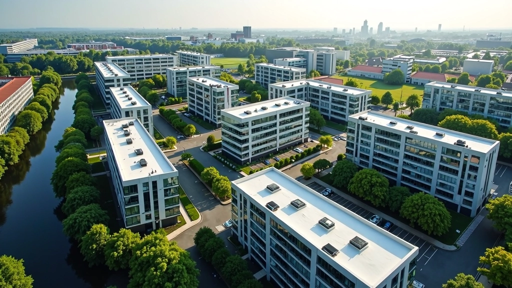 Luchtfoto van zakenwijk met verschillende kantoorgebouwen en groenstroken