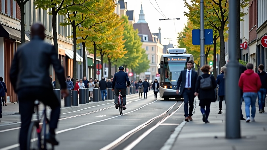 Drukke straathoek in centrum met voetgangers, fietsen en openbaar vervoer
