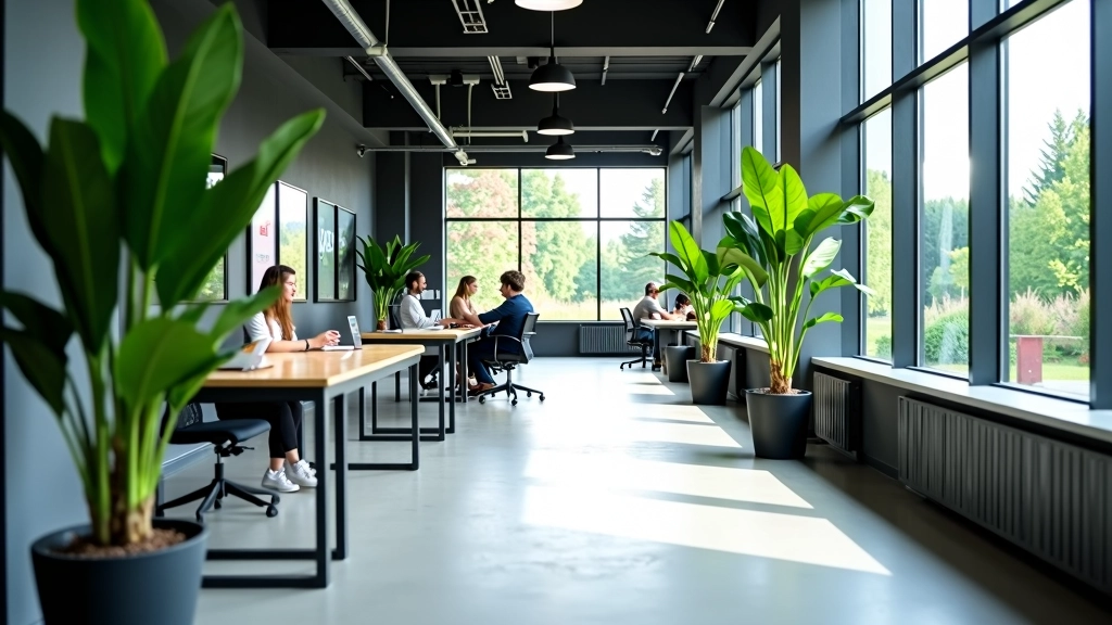 Interieur van modern kantoor met grote ramen, groen en open werkplek