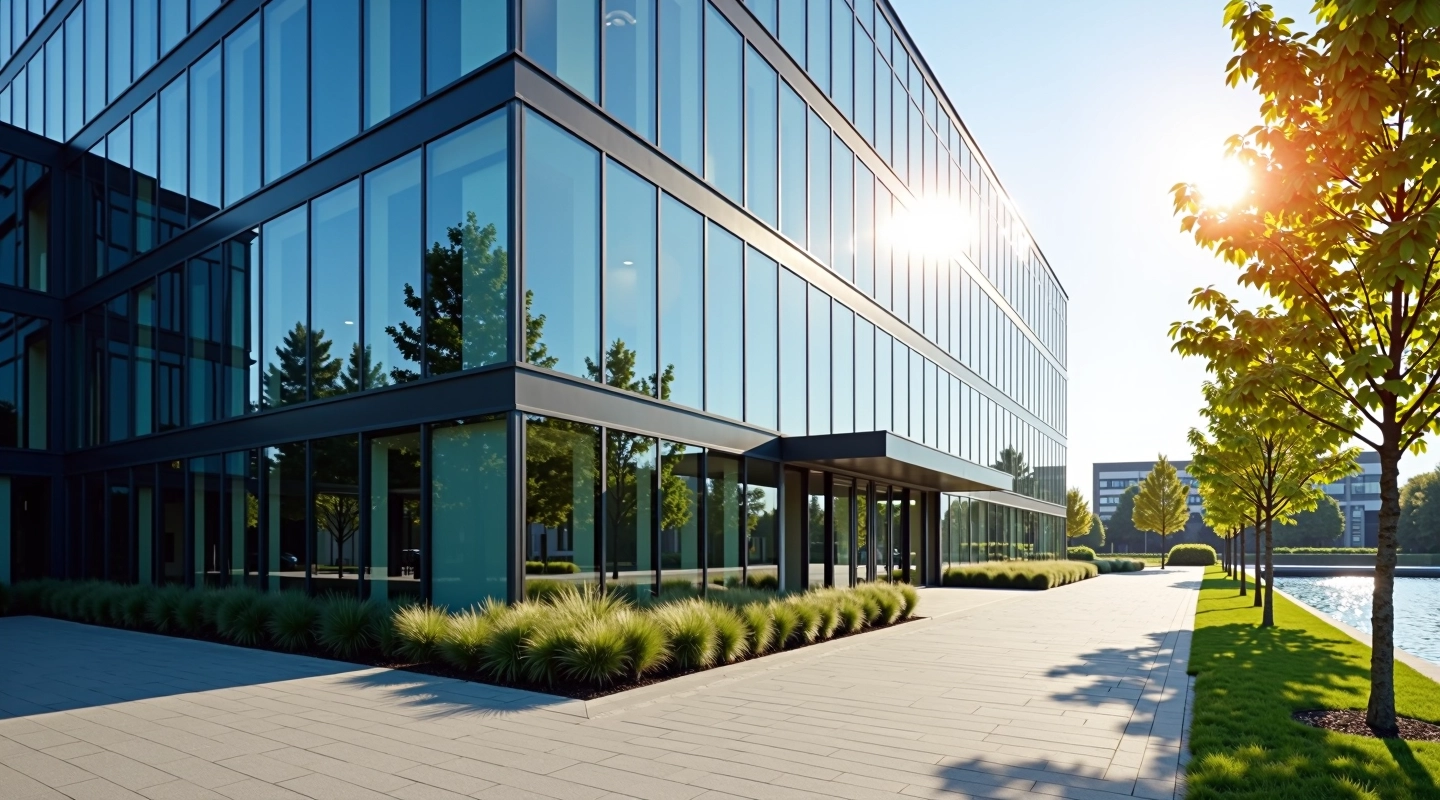 Modern kantoorgebouw met glazen façade en groene omgeving in Breda