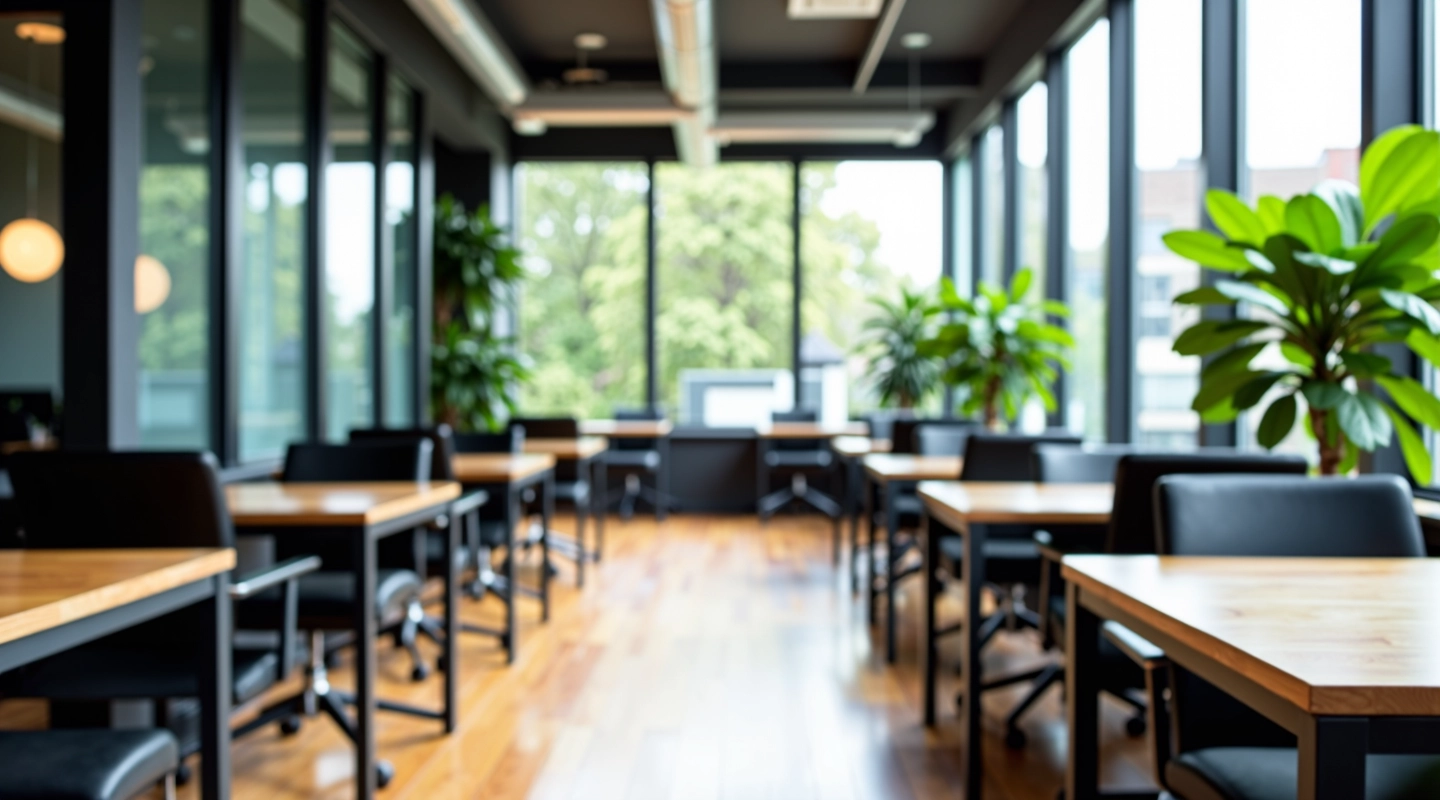 Moderne kantoorruimte met grote ramen, bureaus en groen