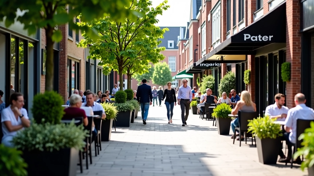 Straat met terrassen, winkels, voetgangers en groen beplanting